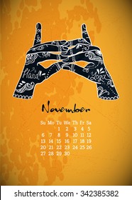 Calendar item with yoga mudra hands and drawing mehendi. Vector illustration for a yoga studio, tattoos, spa, postcards, souvenirs. Indian traditional way of life.