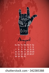 Calendar item with yoga mudra hands and drawing mehendi. Vector illustration for a yoga studio, tattoos, spa, postcards, souvenirs. Indian traditional way of life.