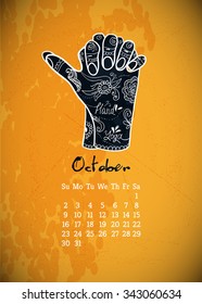 Calendar item with yoga mudra hands and mehendi drawing. Vector illustration for a yoga studio, tattoos, spa, postcards, souvenirs.