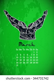 Calendar item with yoga mudra hands and drawing mehendi. Vector illustration for a yoga studio, tattoos, spa, postcards, souvenirs. Indian traditional way of life.