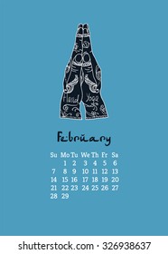 Calendar item with yoga mudra namaste hands and drawing mehendi. Vector illustration for a yoga studio, tattoos, spa, postcards, souvenirs. Indian traditional way of life.