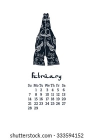 Calendar item with yoga mudra namaste hands and drawing mehendi. Vector illustration for a yoga studio, tattoos, spa, postcards, souvenirs. Indian traditional way of life.