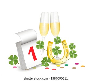 Calendar January 1st with champagne glasses, horseshoe and shamrock,
New Year and Lucky Charms Card,
Vector illustration isolated on white background
