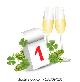 Calendar January 1st with champagne glasses, fir branches and shamrock,
New Year and Lucky Charms Card,
Vector illustration isolated on white background
