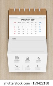 Calendar january 2014, Creative folded paper with business icon on wood texture background, workflow layout, diagram, step up options, web banner template, Vector illustration modern template design