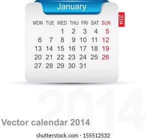 Calendar January 2014. Vector.