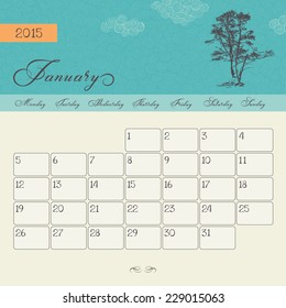 Calendar for January 2015 starting Monday, vector calendar set