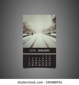 Calendar January 2015 Template with Snowy Background. Vector Illustration