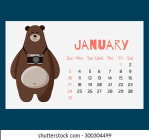 Calendar january 2016 with funny cartoon hipster bear (week starts on Sunday). Colorful theme for your design, prints and illustrations