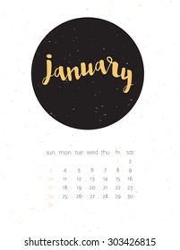 Calendar for January 2016. The modern calendar with gold foil