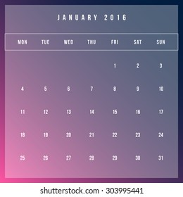 Calendar January 2016 vector design template - Minimalism Style