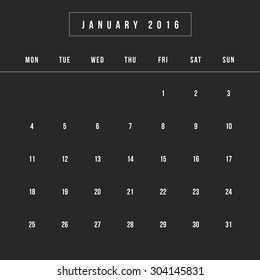Calendar January 2016 vector design template - Minimalism Style