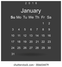 Calendar January 2016 vector design. Week starts from Sunday.