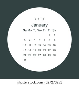 Calendar January 2016 vector design. Week starts from Sunday.