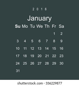 Calendar January 2016 vector design. Week starts from Sunday.
