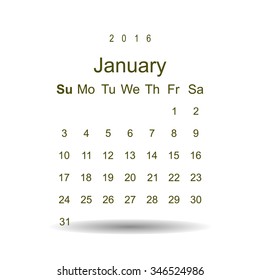 Calendar January 2016 vector design. Week starts from Sunday.