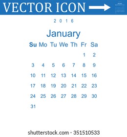 Calendar January 2016 vector design. Week starts from Sunday. icon