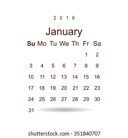 Calendar January 2016 vector design. Week starts from Sunday. icon, vector illustration. Modern design. Flat design style