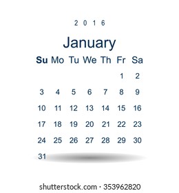 Calendar January 2016 vector design. Week starts from Sunday. icon