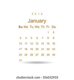 Calendar January 2016 vector design. Week starts from Sunday. icon