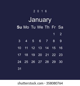 Calendar January 2016 vector design. Week starts from Sunday. icon, vector illustration. Modern design. Flat design style