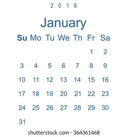 Calendar January 2016 vector design. Week starts from Sunday. icon, vector illustration. Modern design. Flat design style