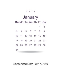 Calendar January 2016 vector design. Week starts from Sunday. icon