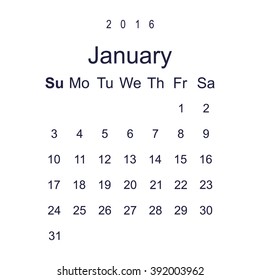 Calendar January 2016 vector design. Week starts from Sunday.