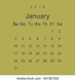 Calendar January 2016 vector design. Week starts from Sunday.