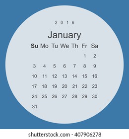 Calendar January 2016 vector design. Week starts from Sunday.