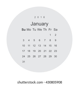 Calendar January 2016 vector design. Week starts from Sunday.