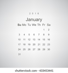 Calendar January 2016 vector design. Week starts from Sunday.