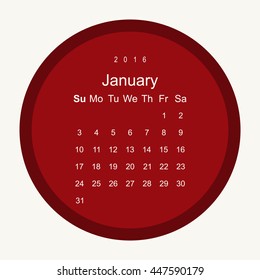 Calendar January 2016 vector design. Week starts from Sunday.