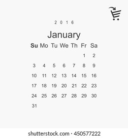 Calendar January 2016 vector design. Week starts from Sunday.