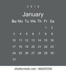 Calendar January 2016 vector design. Week starts from Sunday.