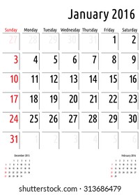 Calendar January 2016. vector planning calendar template