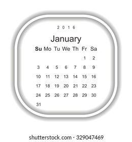  Calendar January 2016. Week starts from Sunday. Modern design flat style icon