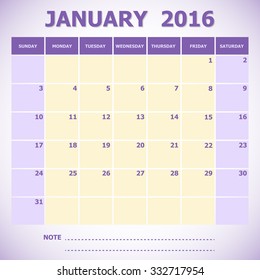 Calendar January 2016 week starts Sunday, stock vector