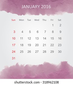 Calendar for january 2016.Vector illustration.