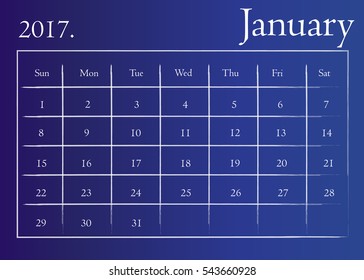 Calendar for January 2017. January 2017 Calendar Icon Vector flat design style