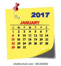Calendar  January 2017 on Note Paper. Yellow paper sheet with shadow. Vector image.