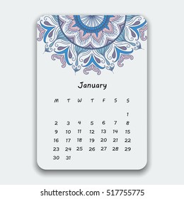 Calendar January 2017. Vintage decorative colorful elements. Ornamental floral oriental pattern. Vector illustration with Islam, Arabic, Indian, turkish, pakistan chinese ottoman motifs.