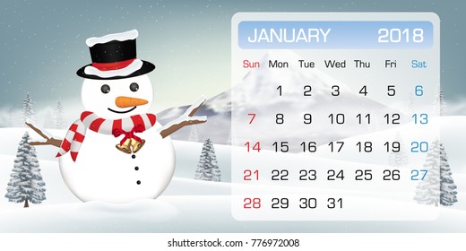 calendar of JANUARY 2018 month   snowman winter