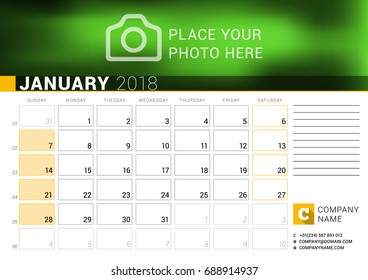 Calendar for January 2018. Vector Design Print Template with Place for Photo, Logo and Contact Information. Week Starts on Sunday. Calendar Grid with Week Numbers and Place for Notes