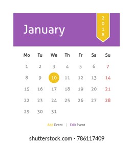 Calendar January 2018 vector design. Week starts from Monday.