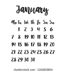 Calendar for January 2019