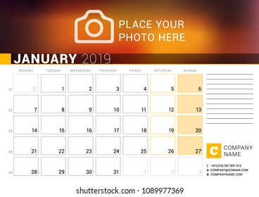 Calendar for January 2019. Vector Design Print Template with Place for Photo, Logo and Contact Information. Week Starts on Monday. Calendar Grid with Week Numbers and Place for Notes