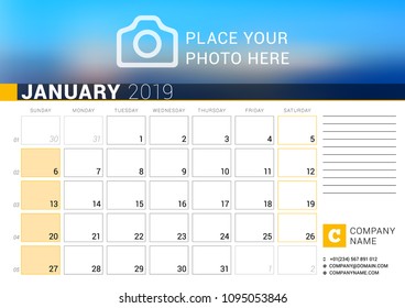 Calendar for January 2019. Vector Design Print Template with Place for Photo, Logo and Contact Information. Week Starts on Sunday. Calendar Grid with Week Numbers and Place for Notes