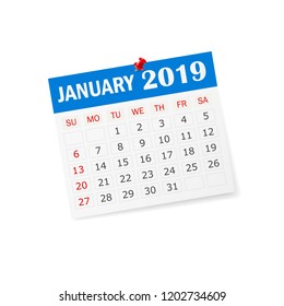 Calendar January 2019 vector illustration with pin and shadow.  Layers grouped for easy editing illustration. For your design