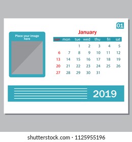 Calendar january 2019 weeks start on Sunday corporate design, vector illustration